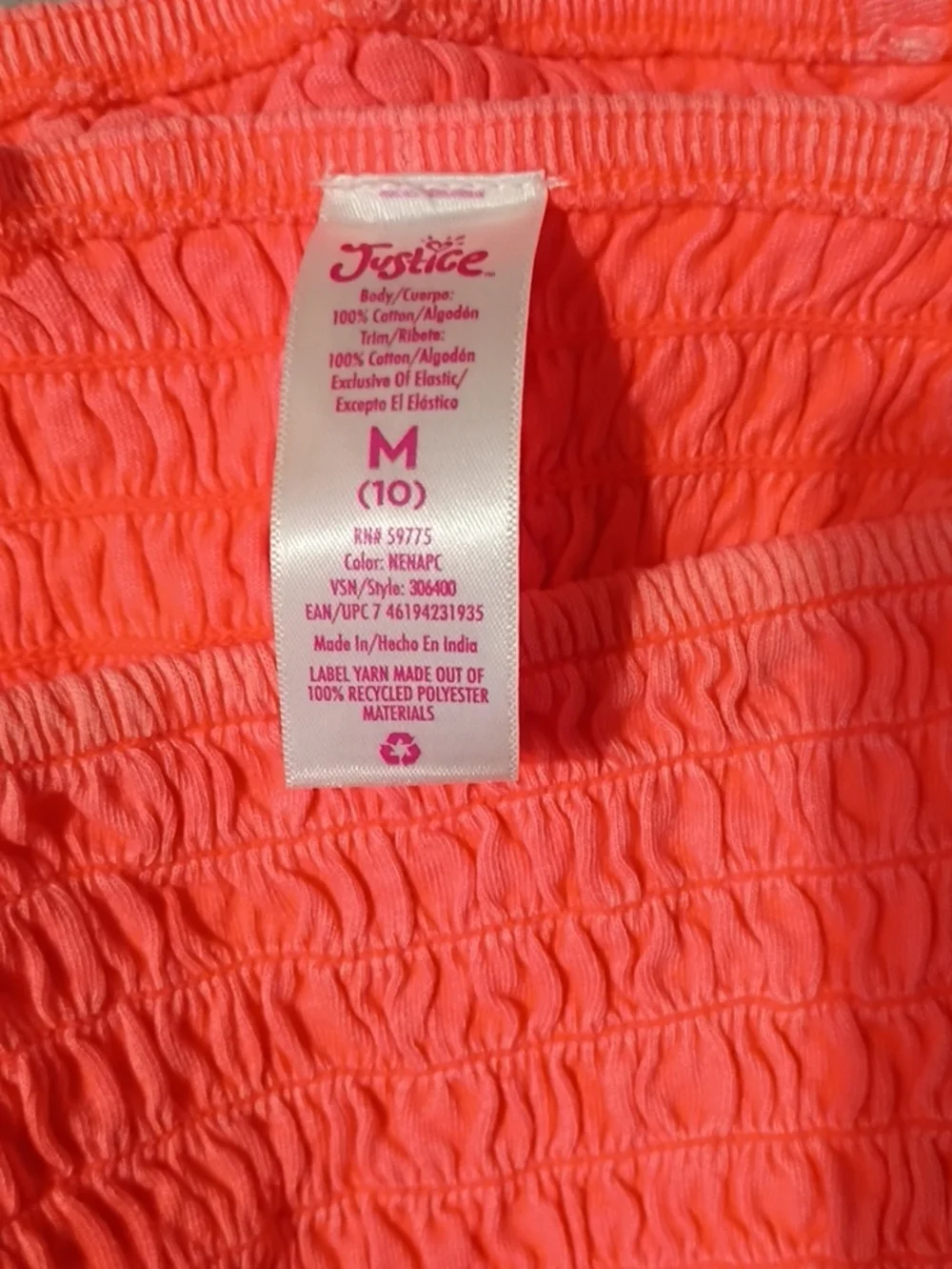 New Justice Girls Size 10 Medium Coral Fashion Grommet tank .